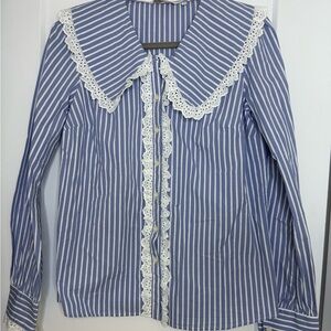 Boden Blue and White Striped Top with Lace Trim